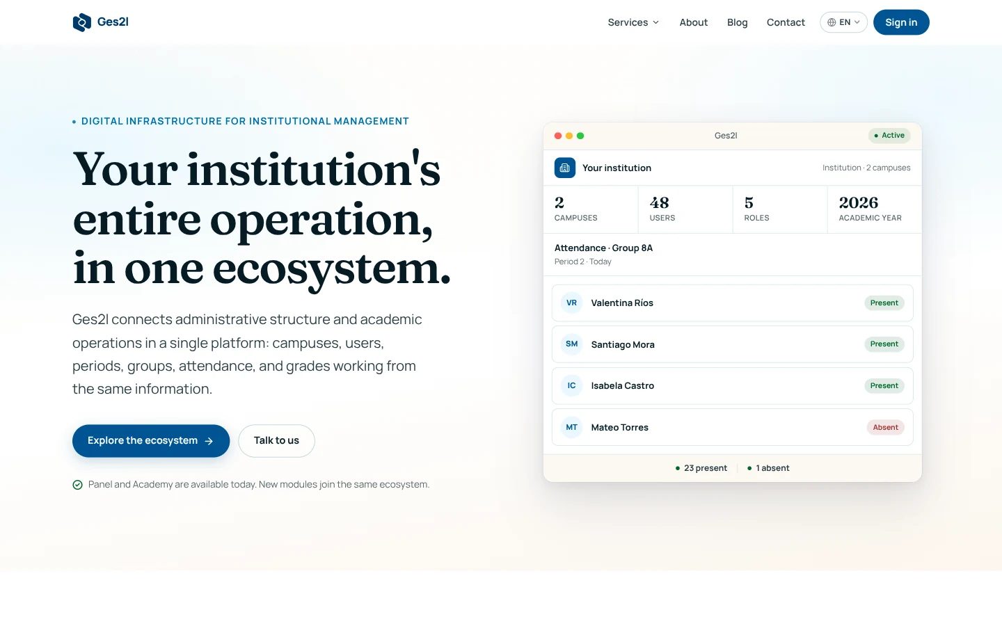 Home page of the Ges2l marketing site in English. The product panel shown on it is an illustrative mock-up with sample data.