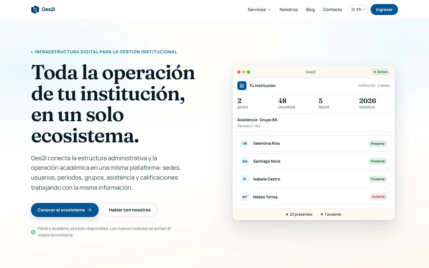 Página de inicio del sitio de marketing de Ges2l en español. El panel de producto que aparece es una maqueta ilustrativa con datos de ejemplo.