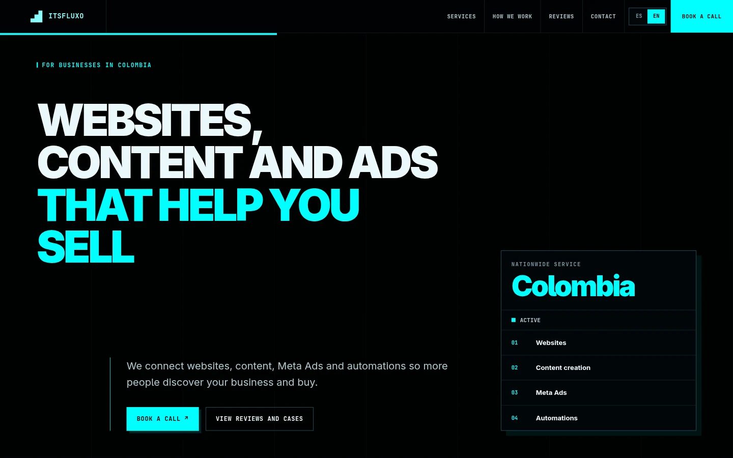 Home page of itsfluxo.com in English, with the headline “Websites, content and ads that help you sell”.