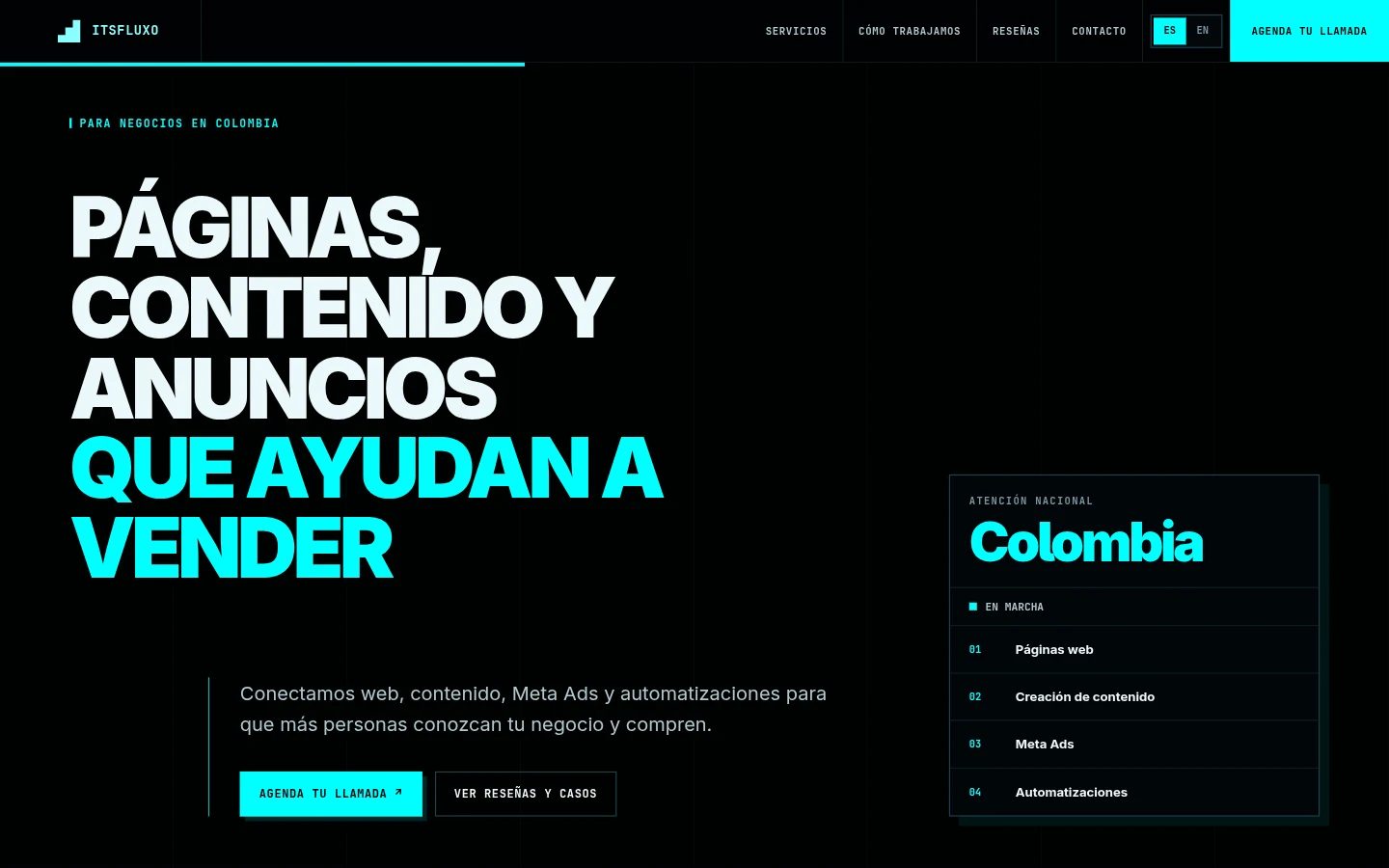 Página de inicio de itsfluxo.com en español, con el titular «Páginas, contenido y anuncios que ayudan a vender».